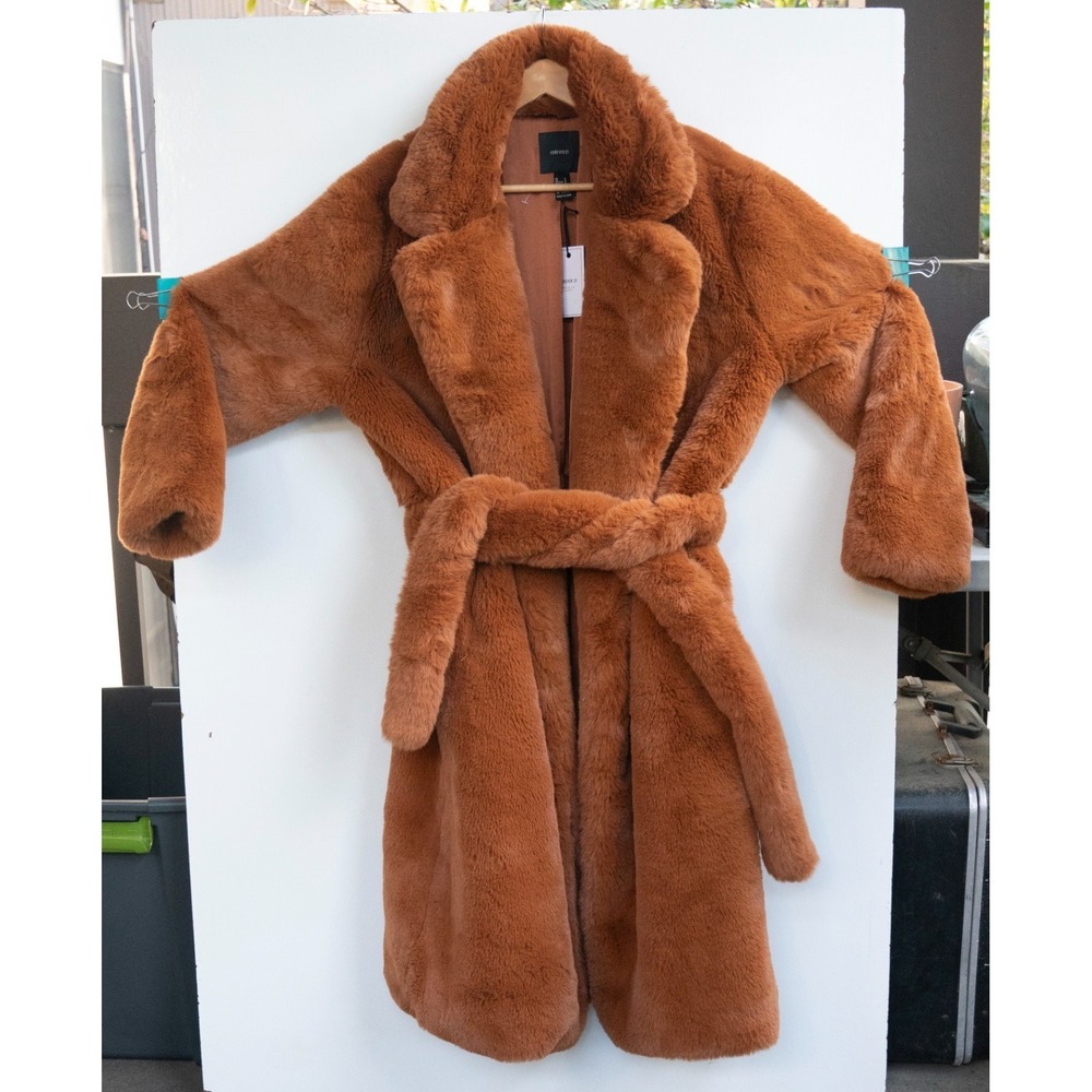 Forever 21 Faux Fur Long Coat Rust Orange Shawl Collar Belted‎ Women's Size L